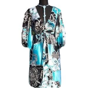 Cache Tropical Black White Blue Silk Dress Adjust Draw Waist Belt New $188 NWT